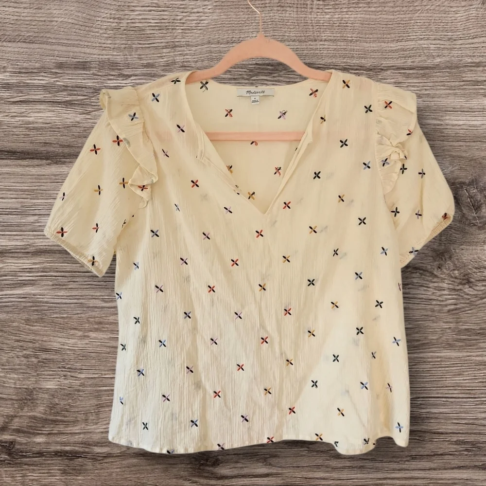 Madewell | Gazebo Embroidered Rainbow Gauze Ruffle Short Sleeve Blouse Top S‎